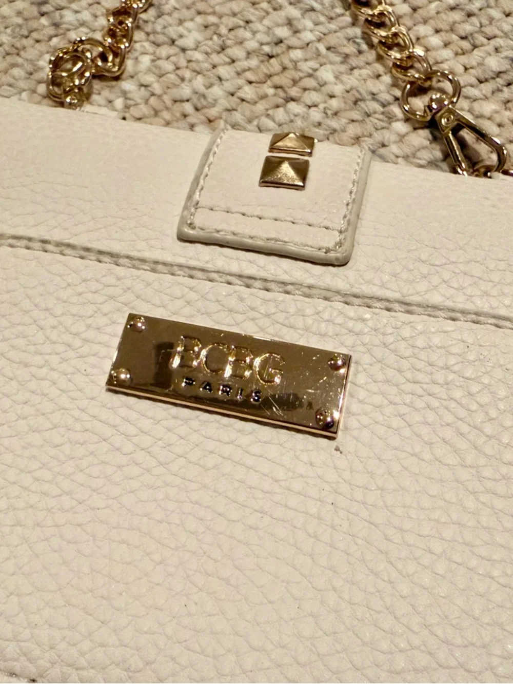 BCBG Paris Genuine leather Ivory Gold Studded Chain Mini Crossbody Bag